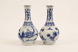 A PAIR OF CHINESE BLUE AND WHITE VASES. Transitional era. Of hexagonal pear-shaped form, decorated