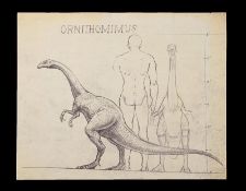 THE VALLEY OF GWANGI (1969) - Ray Harryhausen Ornithominus Scale Comparison A printed sketch of an