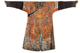 A CHINESE BROWN EMBROIDERED 'DRAGON' ROBE, JIFU. Q