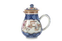A CHINESE FAMILLE ROSE ENAMELLED BLUE AND WHITE JUG AND COVER. Qing Dynasty, Yongzheng period. The