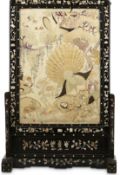 A CHINESE EMBROIDERED 'HUNDRED BIRDS' TABLE SCREEN. Qing Dynasty, 19th Century. Embroidered with
