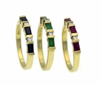 Multicolor-Ring-Set GG 585/000 3 Ringe, jeweils mit je 3 im Smaragdschliff fac. Rubinen,Smaragden