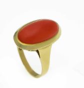 Korallen-Ring GG 585/000 mit einem ovalen Korallen-Cabochon 17,5 x 9,5 mm, RG 59, 4,9 gCoral ring GG