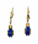 Lapislazuli-Ohrringe GG 585/000 mit 2 rechteckigen Lapislazuli-Cabochons 12 x 4 mm, L. 44mm, 3,2