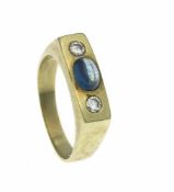 Saphir-Brillant-Ring GG 585/000 mit einem ovalen Saphircabochon 7 x 5 mm und 2 Brillanten,zus. 0,